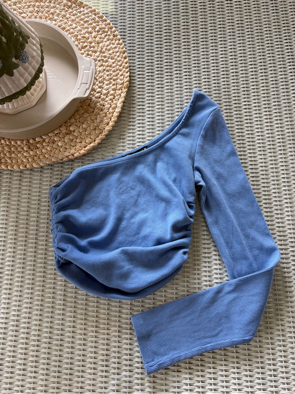 Zara Blue One-Shoulder Ruched Ribbed Crop Top